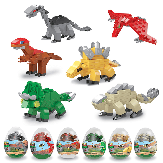 12 huevos de dinosaurio con bloques de construcción de dinos