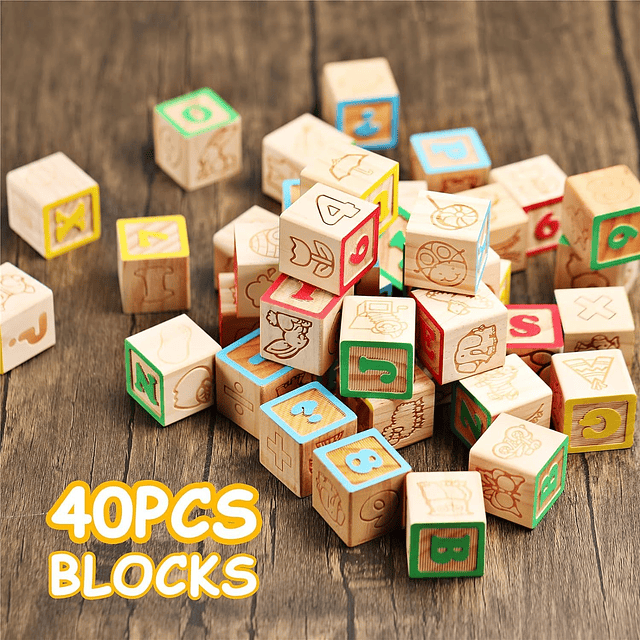 Bloques ABC de madera, 40 piezas, bloques apilables, letras