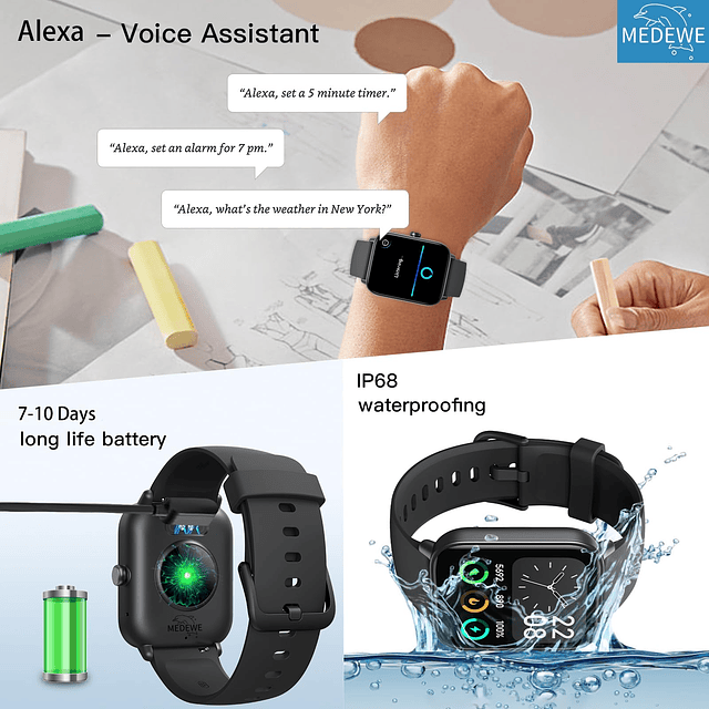 Smartwatch con Alexa, IP68 Monitor de frecuencia cardíaca a
