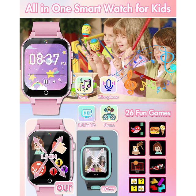 Reloj inteligente para niños con cámara de vídeo, reproducto