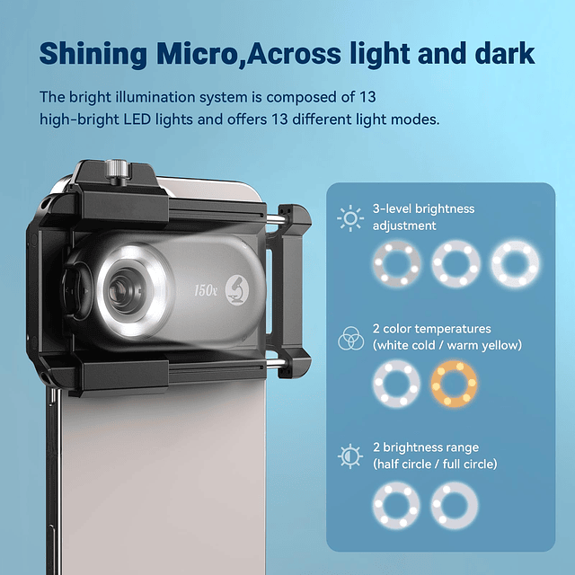 Microscopio para teléfono 150X con lente CPL y luz LED/UV, a