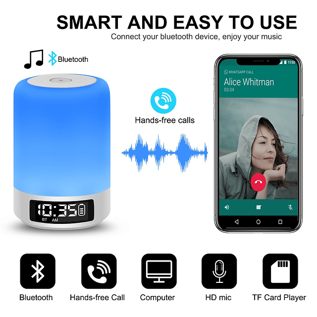 Lámpara de noche con altavoz Bluetooth, lámpara de mesa con