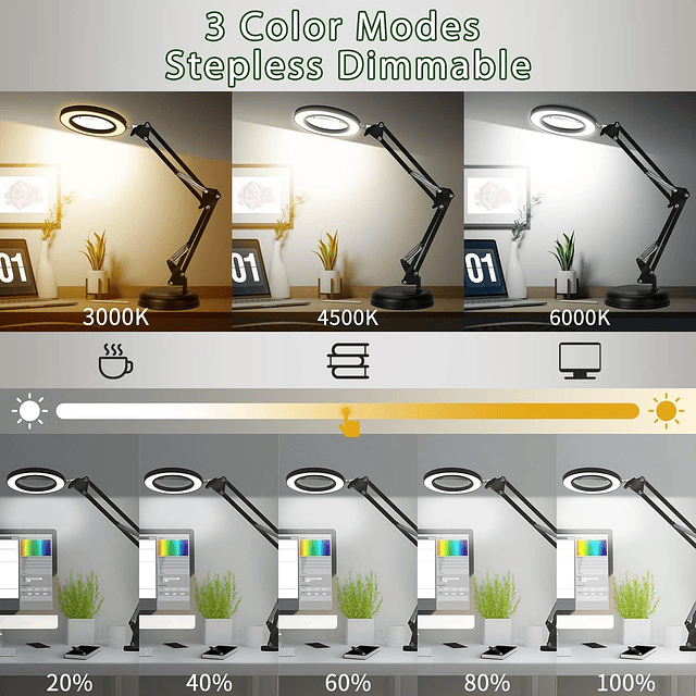 Lupa 10X con luz y soporte, lámpara de escritorio 2 en 1 con