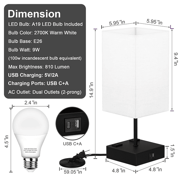 Lámpara de noche mejorada con puertos de carga USB C+A y sal