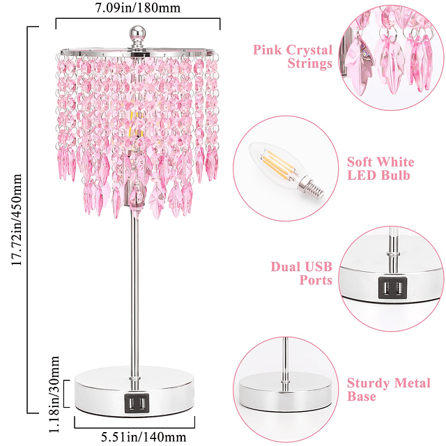 Lámparas de cristal rosa, lámpara de mesa de cristal con con