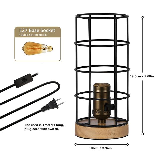 Lámpara de mesa de metal industrial con base de madera - Pan