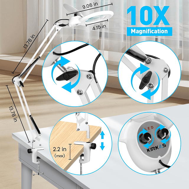 Lupa 10X con luz y abrazadera, lámpara de aumento LED, 2200