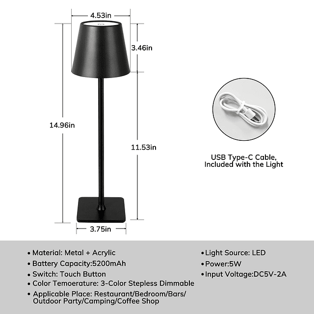 Paquete de 2 lámparas de mesa inalámbricas, lámpara de escri