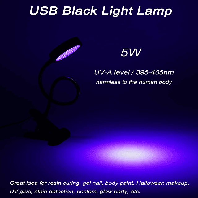 Lámpara de luz negra USB, 5 V, 5 W, 395 nm, luz negra LED UV