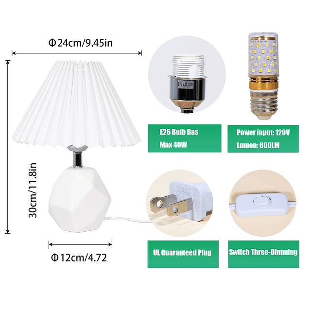 Pequeña lámpara blanca para dormitorio, 3 temperaturas de co