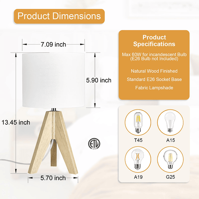 Lámpara de mesa pequeña de madera, lámpara de mesa con trípo