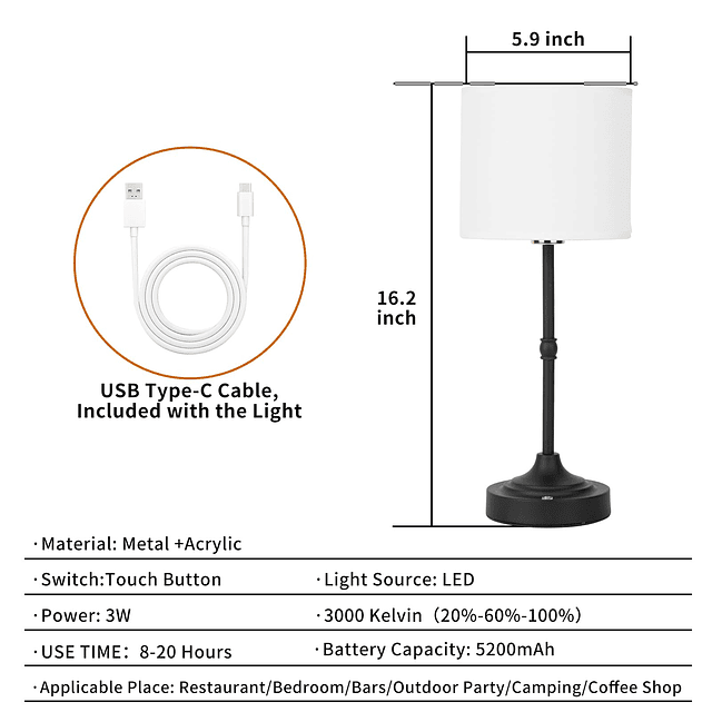 Lámpara de mesa inalámbrica portátil, batería recargable inc