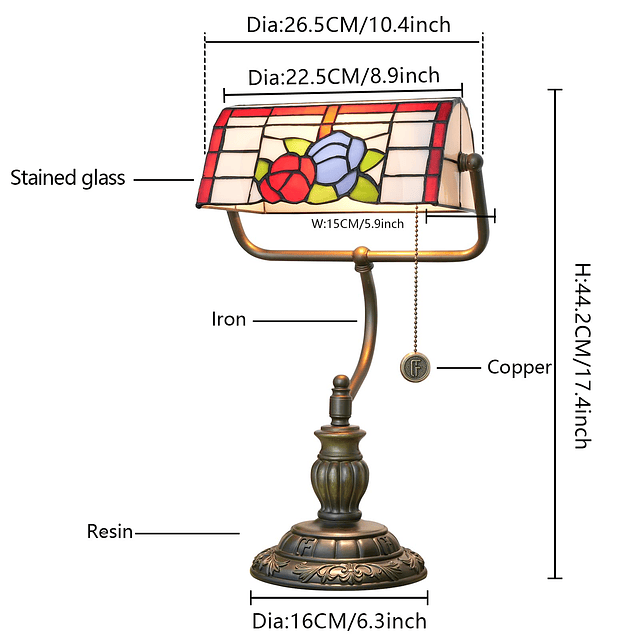 Lámpara de escritorio Tiffany Bankers de rosa roja, lámpara
