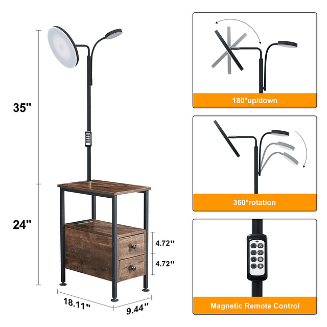 Lámpara de pie LED de 59 pulgadas con mesa, mesa auxiliar co