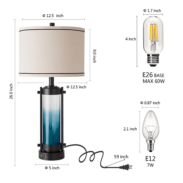 Juego de 2 lámparas de mesa modernas con 2 puertos USB, lámp