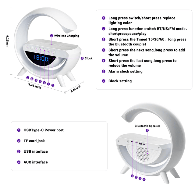 Cargador Inalámbrico Lámpara de Ambiente con Altavoz Bluetoo