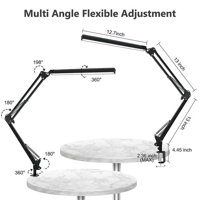 Lámpara de escritorio LED con brazo oscilante con abrazadera
