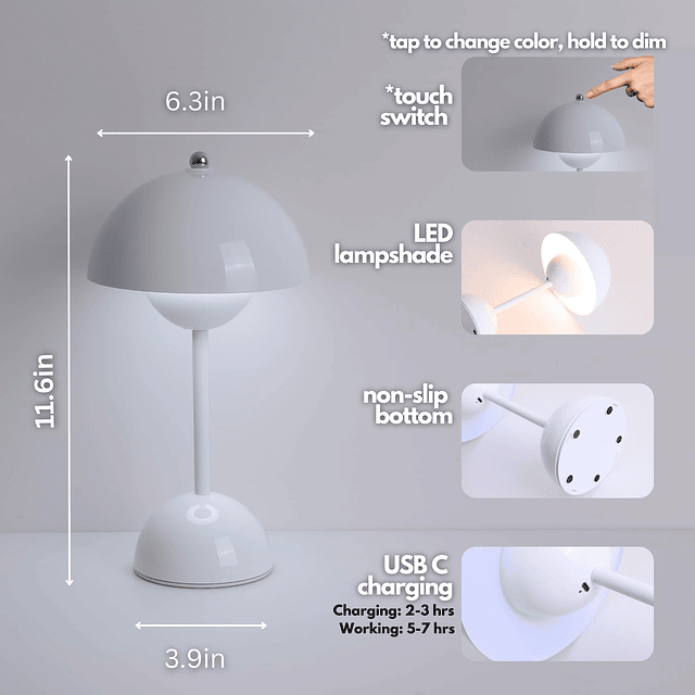 Elegante lámpara de seta LED de diseño, inalámbrica, recarga