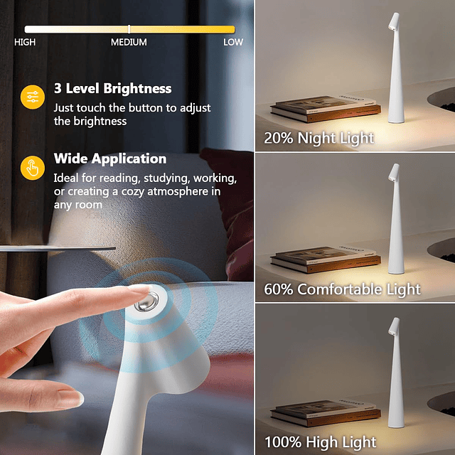 Lámpara de mesa LED inalámbrica con 3 niveles de brillo, lám