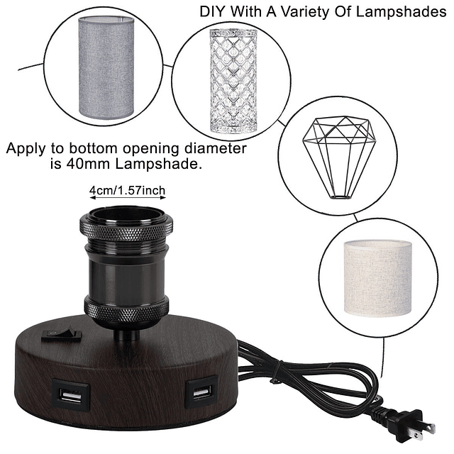 Lámpara de Noche USB, Lámpara de Mesa Industrial con 2 Puert