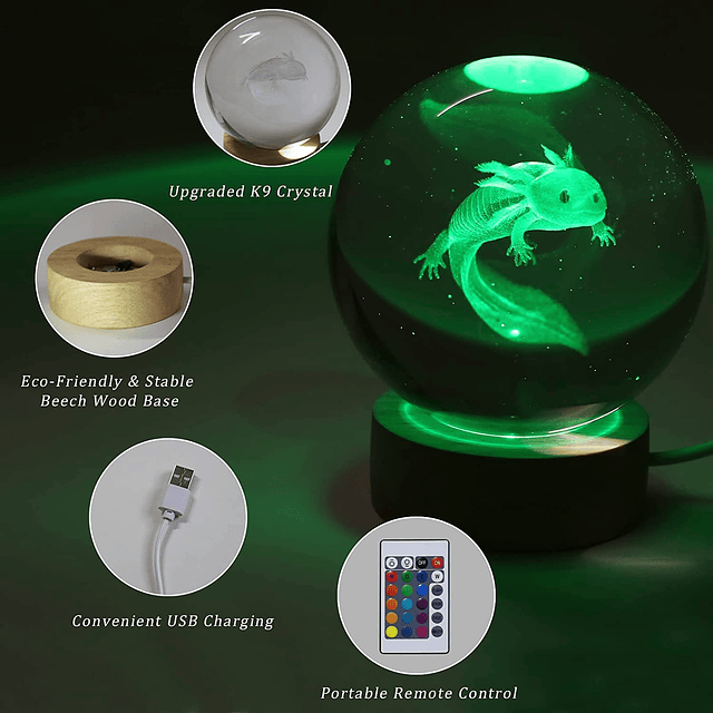 Luz nocturna con bola de cristal 3D Axolotl, lámpara Axolotl