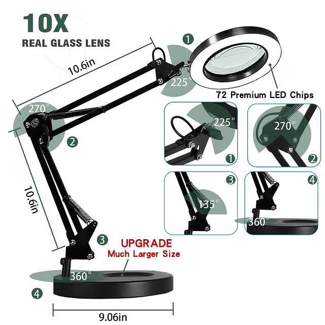 Lupa con luz y soporte, lámpara de aumento 10X, lámpara de e