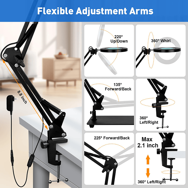 Lupa 10X con luz y soporte, Base grande y abrazadera de 12 *