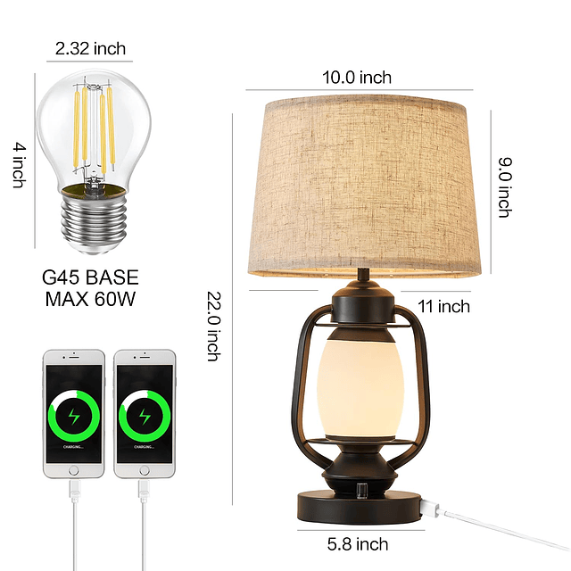 Lámpara de mesa regulable de 3 vías con puertos de carga USB