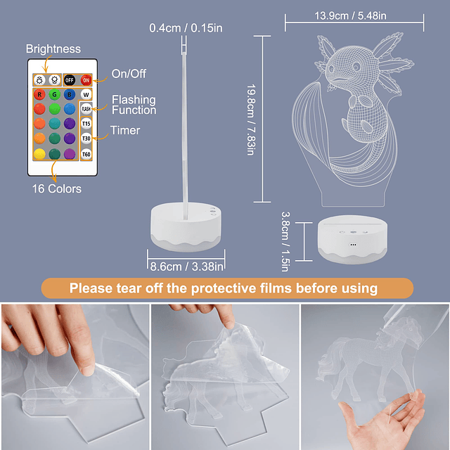 Axolotl Luz nocturna, lámpara de ilusión 3D con control remo