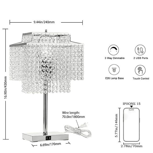 Lámpara de mesa de cristal con control táctil con 2 puertos