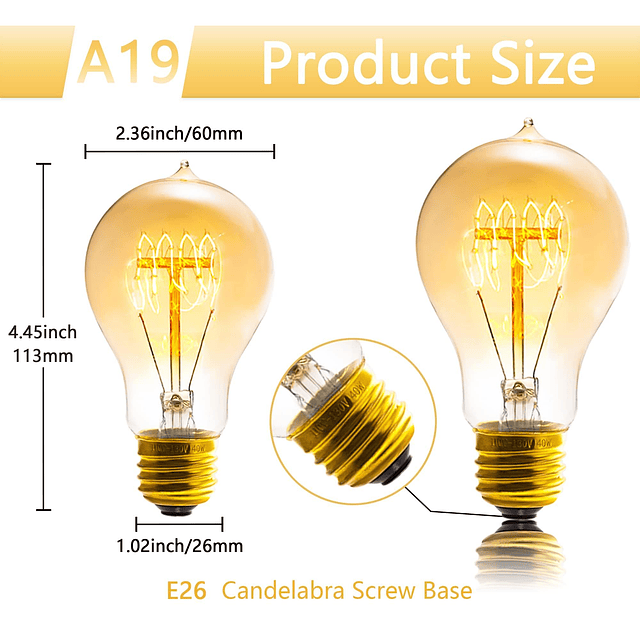 Bombillas Edison, A19, paquete de 6, regulable 120 V 40 W, c