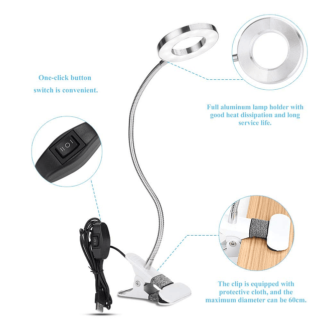 Lámpara de escritorio con clip 360, lámpara LED USB flexible