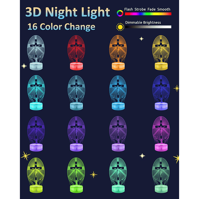 Luz nocturna 3D con cruz de Jesús, lámpara de holograma ópti