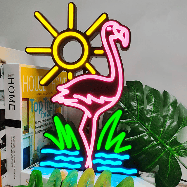 Flamingo Sun Grass Waves Luces LED de neón, lámpara decorati