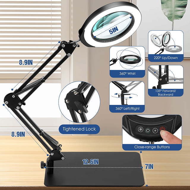 Lupa grande 4X con luz y soporte, lámpara de escritorio con