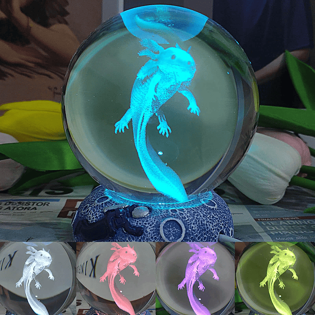 Luces nocturnas LED Axolotl, luz de bola de cristal 3D, luz