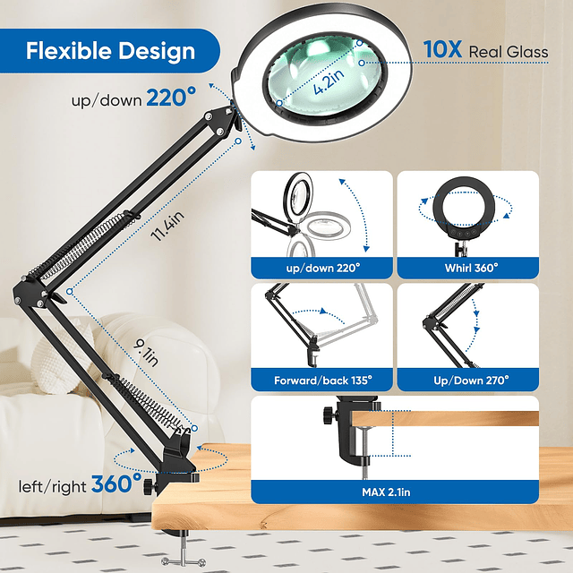 Lupa 10X con luz y abrazadera, lupa iluminada de vidrio real