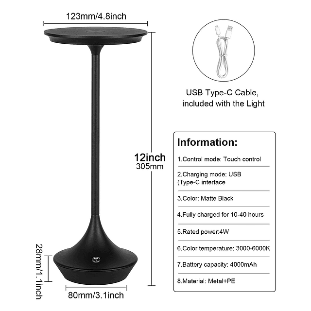 Lámparas de mesa LED inalámbricas, batería recargable de 400