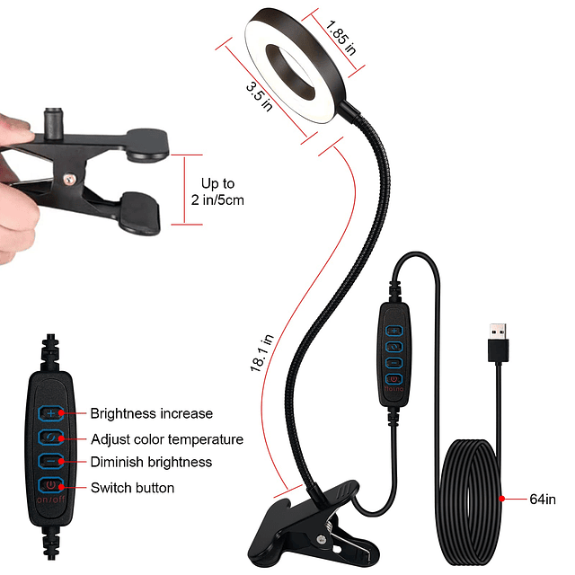 Anillo de luz de escritorio con clip, luces nocturnas de lec