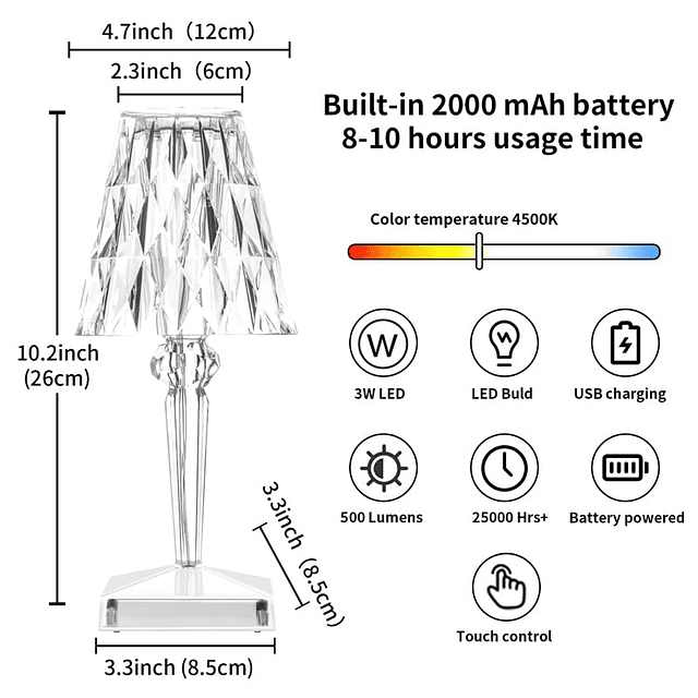 Lámpara de mesa de cristal Lámpara de rosa inalámbrica, [200