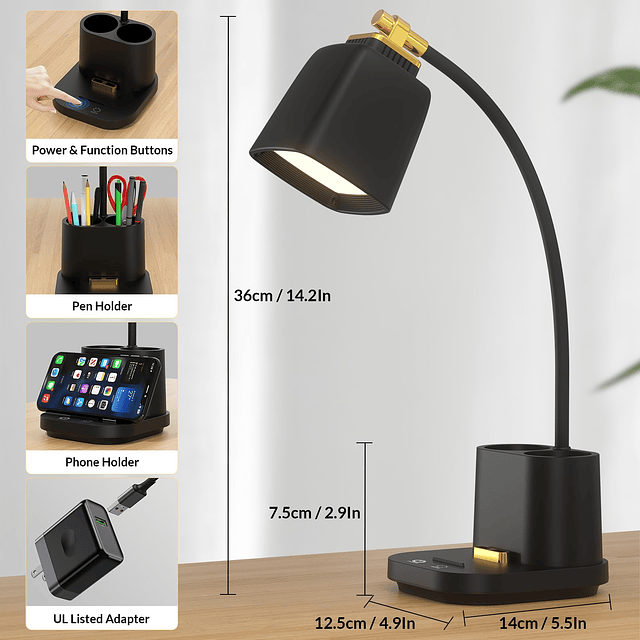 Lámpara de escritorio LED con 2 puertos de carga USB, 2 port