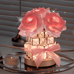 Lámpara de mesa de cristal rosa, luz de rosa inalámbrica rec