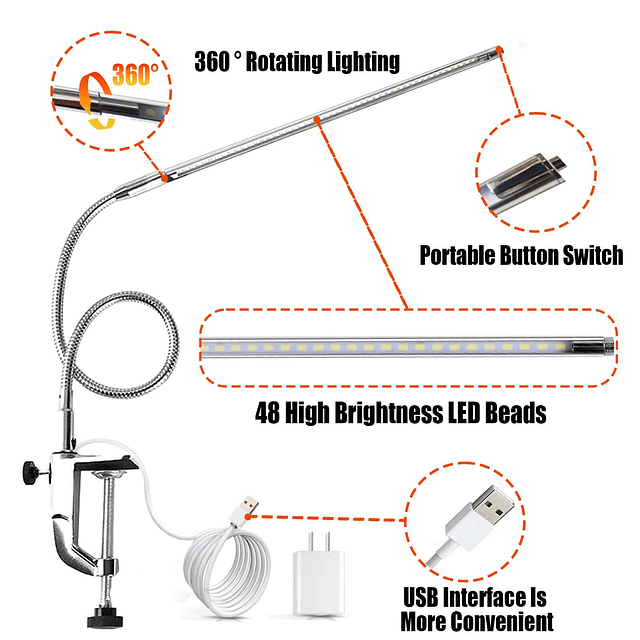 Luz de Escritorio con Abrazadera, USB LED 8W Clip Lámpara de