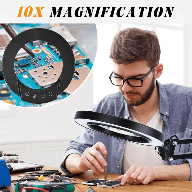 Lupa 10X con luz y soporte, lámpara de escritorio 2 en 1 con