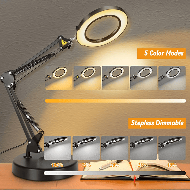 Lupa 10X con luz y soporte, lámpara de escritorio 2 en 1 con