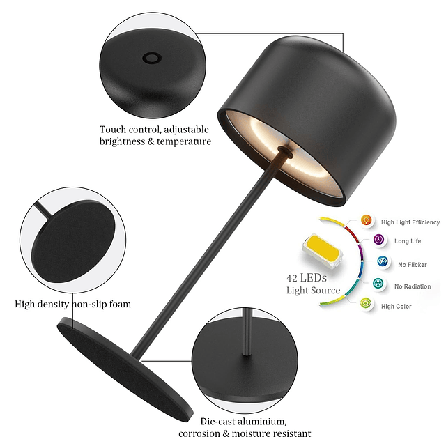 1 paquete de lámpara de mesa LED inalámbrica negra, luz de m