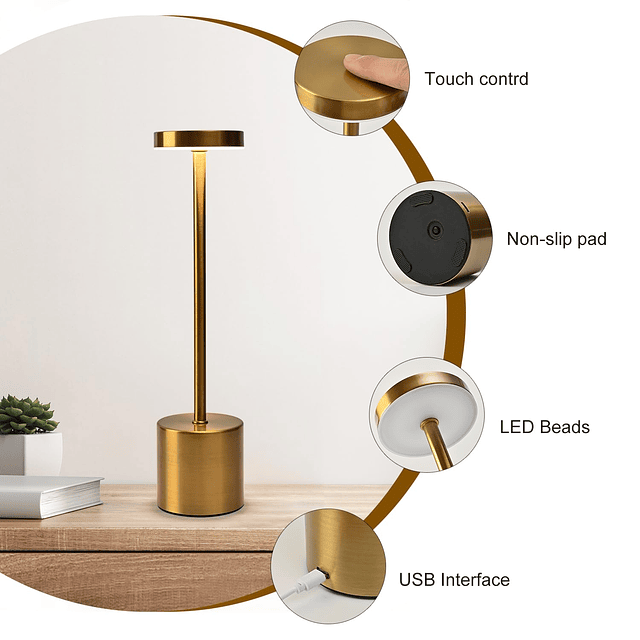 Lámpara de mesa LED inalámbrica, luz de mesa portátil recarg