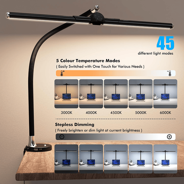 Lámpara de escritorio LED con abrazadera, luz de escritorio