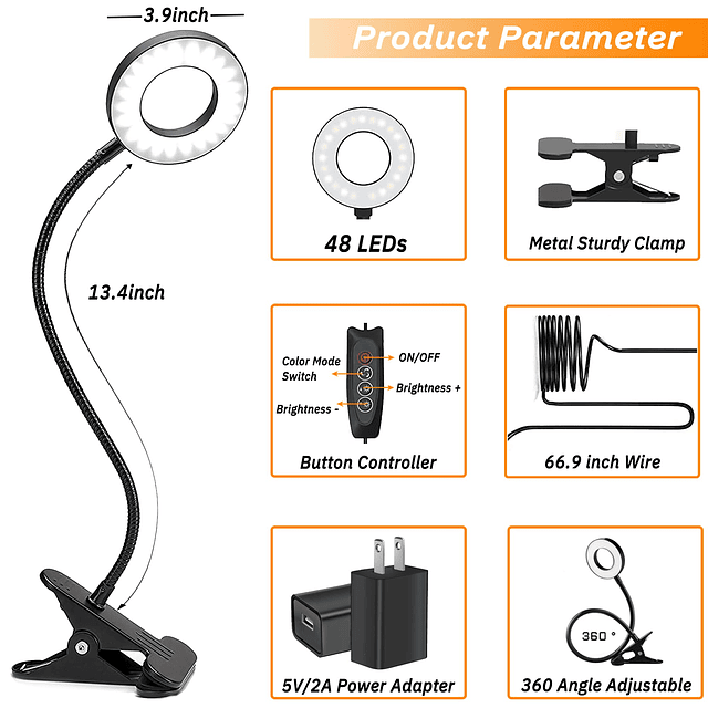 Lámpara de escritorio con adaptador, lámpara de lectura LED