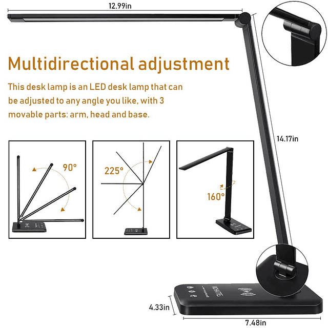 Lámpara de escritorio LED con cargador inalámbrico, puerto d